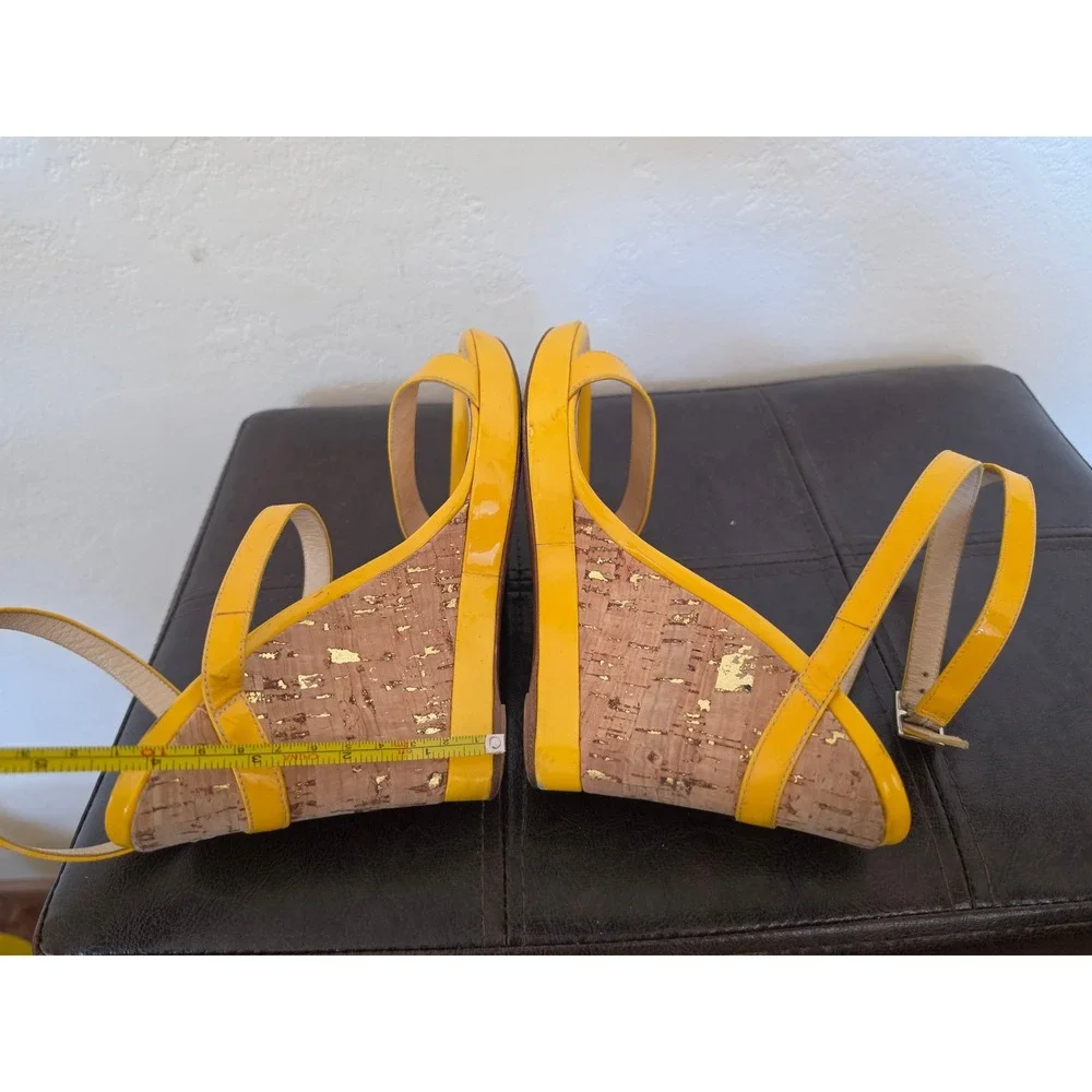 Jimmy Choo Yellow Patent Leather Maximalist Cork Wedge Gold Sandals 38 US 7.5